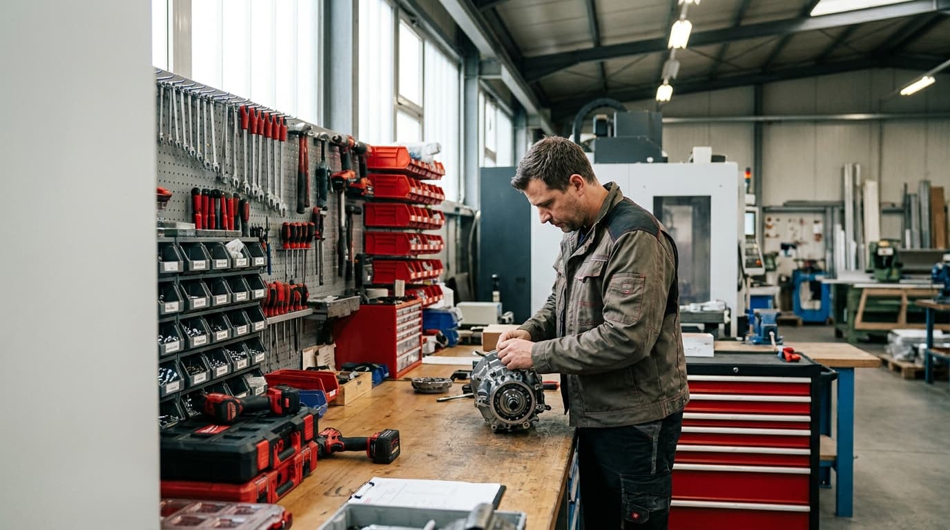 Eine Werkbank mit Werkzeug und einer Baugruppe in Arbeit